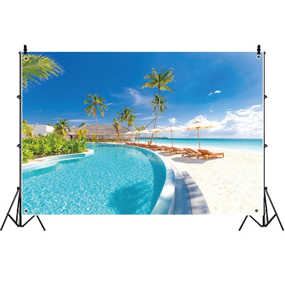 Amazon | Qinunipoto 海の背景 青い海背景布 1.5x1m ヤシの木 プール